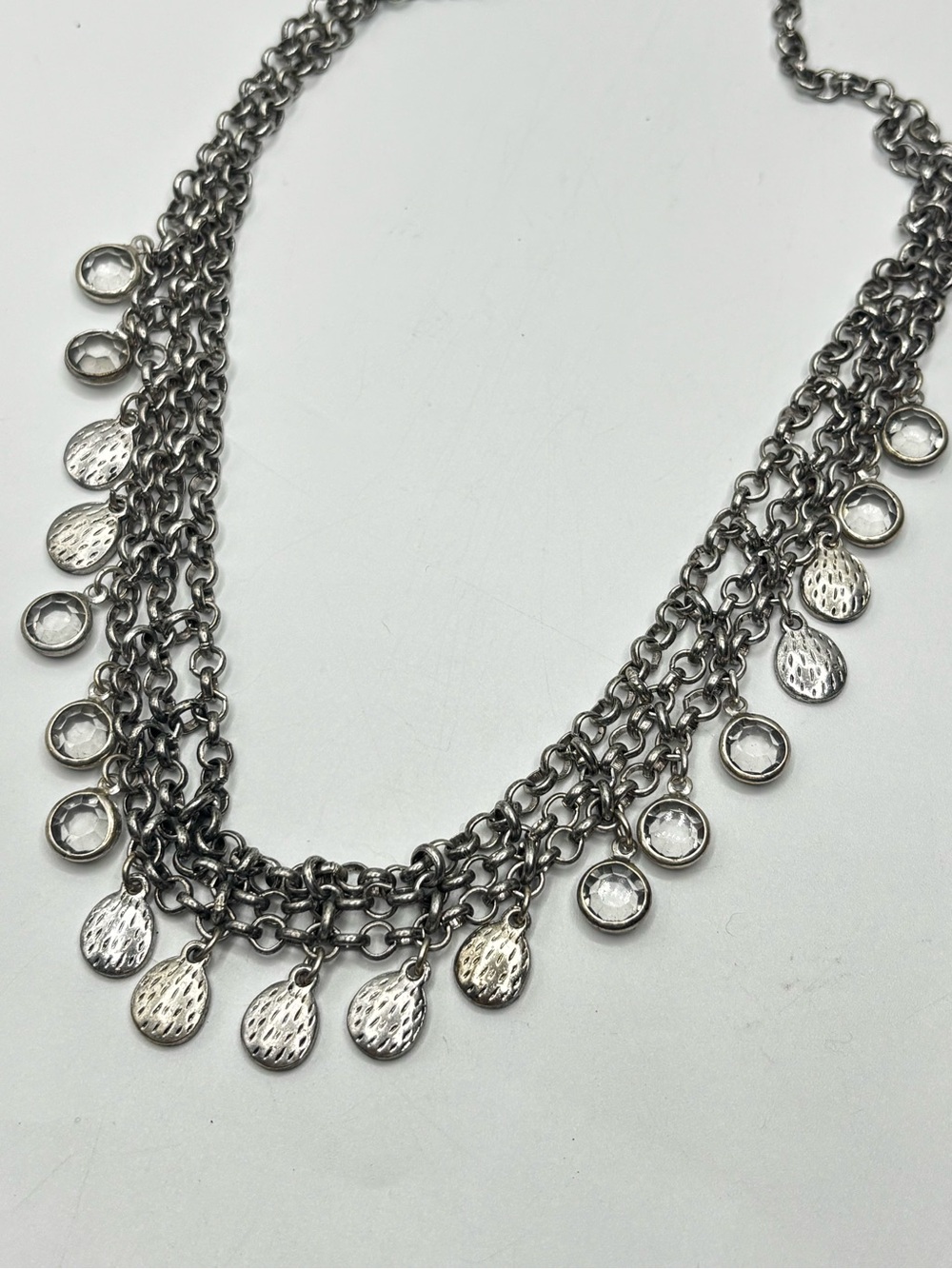 Silver Tone Multi Chain Charm Necklace Cha Cha Dangle Glass Textured Girlypunk - Picture 3 of 5